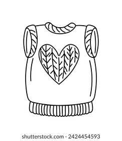 Knitting element linear. Knitting and needlework, handmade. Warm sweater. Graphic element for website. Poster or banner. Outline flat vector illustration isolated on white background