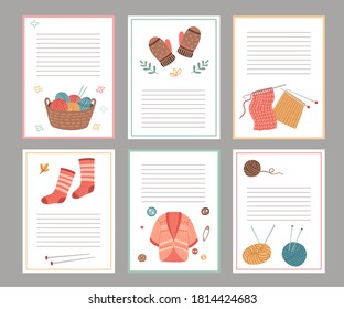 Knitting elements cards. Blank paper notes template, cozy cardigan, socks mittens. Autumn winter scandinavian style notebook sheets vector set