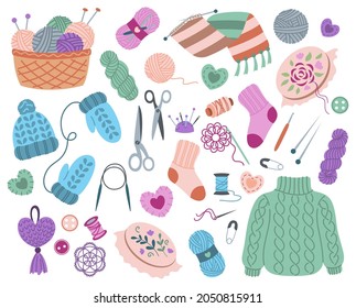 Knitting elements set. Collection of clothes, scissors, thread, needle. Items for seamstresses. Accessories for manual repair of things. Cartoon flat vector illustration isolated on white background
