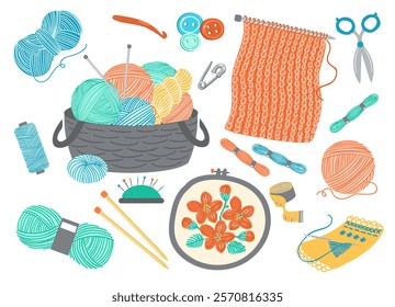 Knitting elements. Sewing and embroidery accessories. Woolen thread skein. Handcraft floss bobbin and scissors. Basket with yarn balls and tailor needles. Splendid