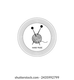 Knitting emblem.  Hand made symbol. 
A skein of thread and knitting needles. Handicraft supplies. Hand craft logotype. Line style vector design. 