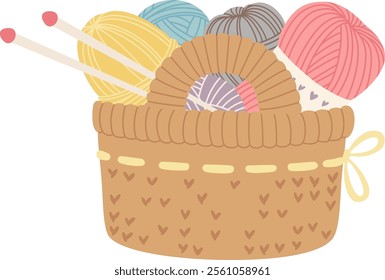 Knitting equipment arranged neatly in a basket, featuring vibrant yarn balls and knitting needles, creating an inviting setup for an enjoyable crafting project