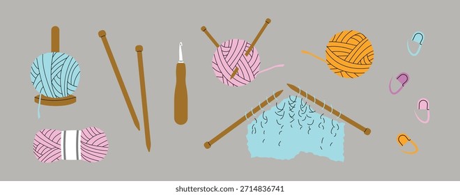 Equipo de tejer sobre un fondo gris, Ilustración vectorial.
