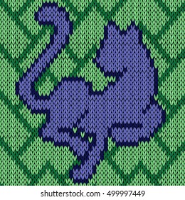 Knitting fabric childish vector seamless pattern with blue sitting cat over green ornate background