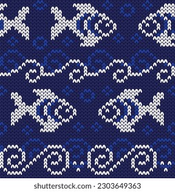 Knitting fish and waves seamless pattern. Marine vector illustration.