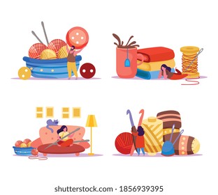 Knitting flat 4x1 set of compositions with flat images of clews and needles with human characters vector illustration