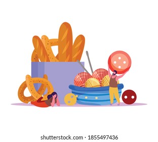 Knitting flat background with balls of yarn threads with buttons bakery food and small human characters vector illustration