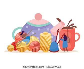 Knitting flat background with images of teapot with cup small doodle human characters clews and needles vector illustration