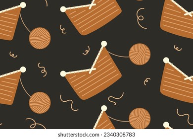 Knitting and a flat ball of yarn. Vector seamless pattern, needlework hobby.