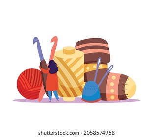Knitting flat composition with female character holding hooks with clews sewing spool and sock vector illustration