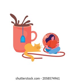 Knitting flat composition with female character with cat and images of clew and tea cup vector illustration