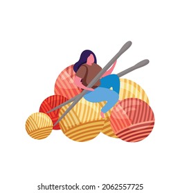 Knitting flat composition with female character sitting among clews holding needles vector illustration