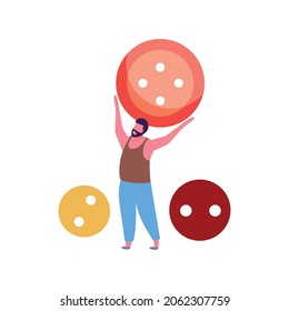 Knitting flat composition with male character holding colorful buttons vector illustration