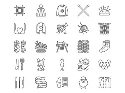 Knitting Flat Line Icons Set. Crochet, Hand Made Scarf, Wool Ball, Thread And Needle Vector Illustrations. Outline Signs Of Diy Tools, Atelier, Editable Stroke.
