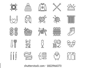 Knitting flat line icons set. Crochet, hand made scarf, wool ball, thread and needle vector illustrations. Outline signs of diy tools, atelier, editable stroke.