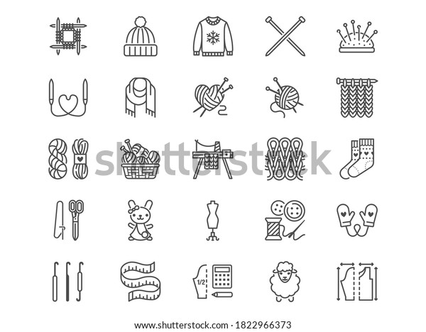 Knitting flat line icons set.\
Crochet, hand made scarf, wool ball, thread and needle vector\
illustrations. Outline signs of diy tools, atelier, editable\
stroke.