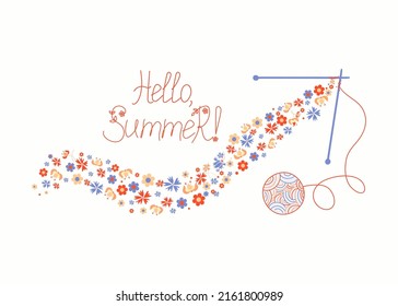 Knett. Blumenmuster. Needlework, Hobby, Handarbeit. Kreatives Banner mit Text Hallo Sommer. Abstrakte Vektorgrafik. Der Hintergrund ist isoliert.