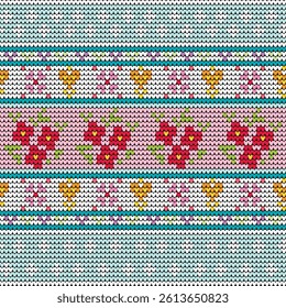 Knitting flowers pattern blue and pink background