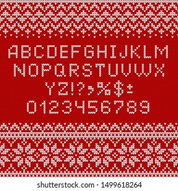 Knitting font. Alphabet and norwegian ornaments for Christmas or winter season. White letters and traditional scandinavian sweater patterns on red knit background. ABC and numbers vector illustration.