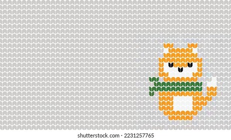 Knitting Fox Background Pattern border on Gray Background, Knitting Ethnic Pattern Border Merry Christmas and happy winter days vector poster