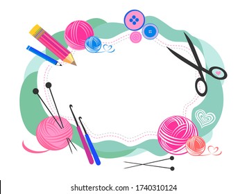 Knitting frame with tools: knitting needles, crochet hook, scissors, yarn balls, clews. Hand drawn isolated on white. Doodle border design. World Wide Knit in Public Day. Top view. Vector illustration svg