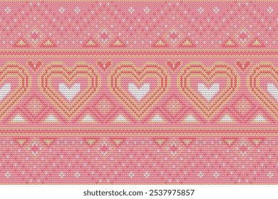 Knitting geometric with heart seamless pattern valentines days fabric ornament. Fabric hearts seamless pattern.Vector illustration. Ikat ethnic oriental embroidery,baroque.design for texture,clothing