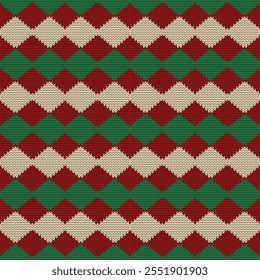 Knitting geometric seamless pattern, Christmas theme with red, green, cream knitting background