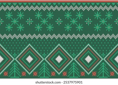 Tejiendo patrón geométrico sin fisuras Navidades alegres adorno de tela verde. Patrón geométrico de tela sin costuras. Ilustración vectorial. Bordado oriental étnico Ikat, barroco. diseño para textura, ropa