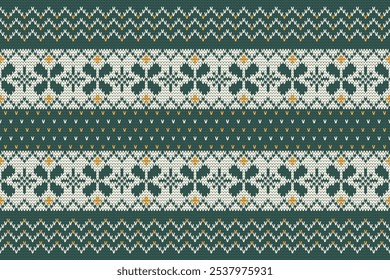 Knitting geometric seamless pattern merry Christmas green fabric ornament. Fabric flower seamless pattern.Vector illustration. Ikat ethnic oriental embroidery,baroque.design for texture,clothing