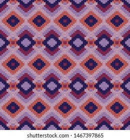 Knitting geometrical seamless vector pattern in violet, pink and magenta colors as a knitted fabric texture 