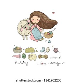 Knitting girl and a cute cartoon sheep. Handmade things. Vector illustration. 