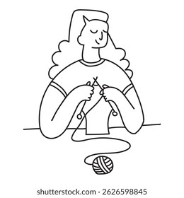 Tricô menina com agulhas de tricô ilustração doodle. Emblema com caráter para clube de tricô. Logotipo Hobby em estilo engraçado doodle.