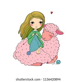Knitting girl and a sweet lamb. Handmade things. Hand drawing isolated objects on white background. Vector illustration. 