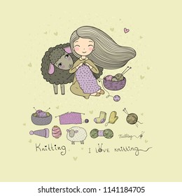 Knitting girl and a sweet sheep. Handmade things.Vector illustration. 
