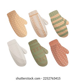Knitting gloves and mittens elements. Set of elements for knitting hobby. Warm clothes, cozy winter. Isolated vector illustration for poster, banner, cover, card.