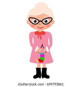 Knitting. Grandma knitting. Pastime of elderly female knitting. Isolated vector illustration in flat style.