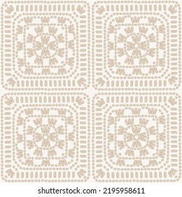 Knitting. Granny Square Crochet. Beige Knitted Squares Seamless Pattern. Crochet Cozy Blanket. Old Fashioned Monochrome Background Great for Plaids and Pillows. Vector illustration