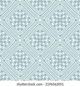 Knitting. Granny Square Crochet. Light Blue Knitted Squares Seamless Pattern. Crochet Cozy Blanket. Old Fashioned Monochrome Background Great for Plaids and Pillows. Vector illustration