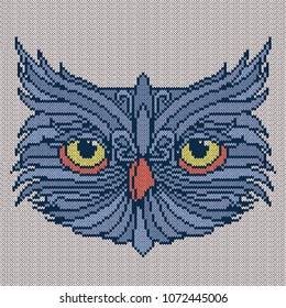 Knitting grayish Owl with big yellow eyes on the white background, vector pattern as a fabric texture