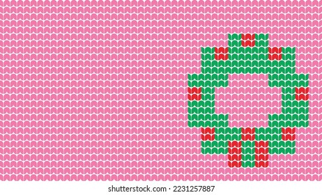 Knitting Green Wreath Background Pattern border on Pink Background, Knitting Ethnic Pattern Border Merry Christmas and happy winter days vector poste