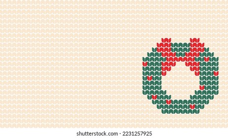 Knitting Green Wreath Background Pattern border on Pink Background, Knitting Ethnic Pattern Border Merry Christmas and happy winter days vector poste