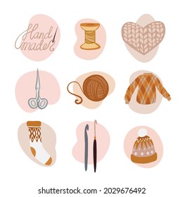  
knitting hand drawn icon set on the white background