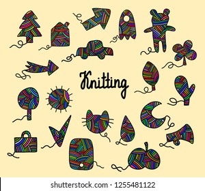 Knitting hand drawn illustration wool yarns colored in different forms tree new year arrow leaf moon phone bag glove car rocket bear clover sun cat drop house