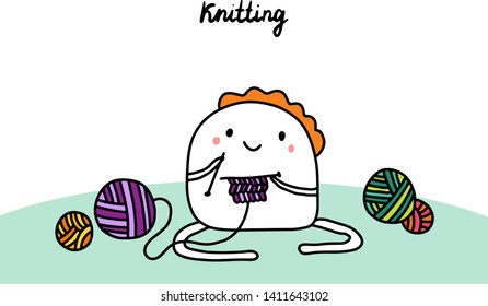 Knitting hand drawn vector illustration in cartoon style. Cartoon men and his hobby