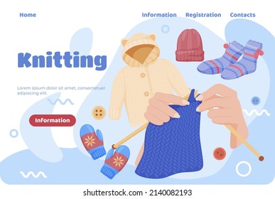 Knitting handcraft hobby landing page template vector flat illustration. Female hands knitted warm clothes of cashmere wool for cold winter internet advertising interface. Needlework workshop webpage