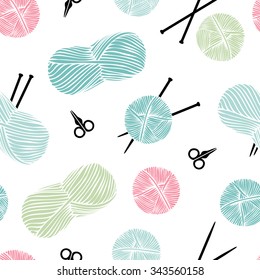 Knitting, handmade. Cute seamless background. Vector illustration.