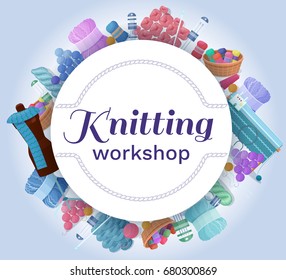 Knitting or handmade workshop vector banner or background with needlework and handicraft accessories, crafts icons isolated, good for wool or hobby shop