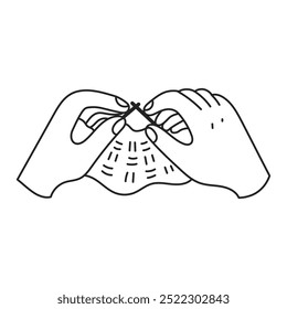 Knitting Hands Doodle. Fingers holding needles and knitwear. Gesture. Outline isolated vector illustration