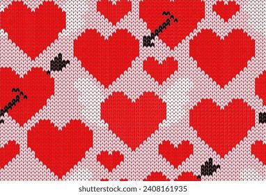 Knitting hearts with wings and an arrow seamless pattern. Valentine’s Day vector illustration.