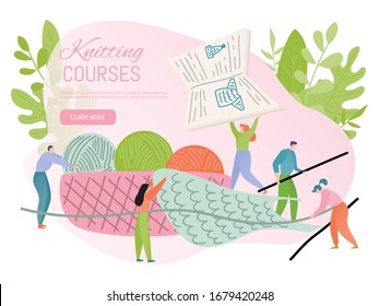 Knitting hobby course concept, tiny people cartoon characters in flat style, vector illustration. Creative handmade leisure, woolen crochet and yarn balls. Educational workshop website design template